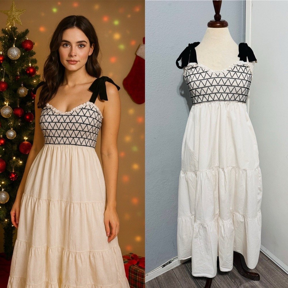 Women Ivory Smocked‎ Tiered Tie Straps Maxi Peasant Dress Size L 100% Cotton